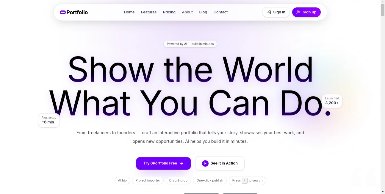 Screenshot of 0Portfolio – An AI tool in the ,AI Content Generator ,AI Website Builder ,AI No-Code & Low-Code ,AI Design Generator  category, showcasing its interface and key features.