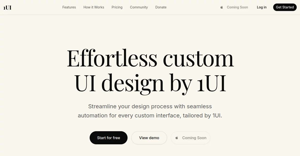 Screenshot of 1UI – An AI tool in the ,AI Landing Page Builder ,AI Design Generator ,AI Design Assistant ,AI Website Designer  category, showcasing its interface and key features.