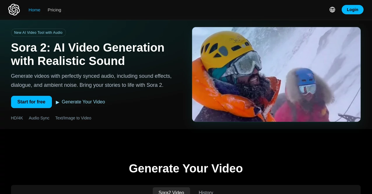 Screenshot of Sora 2 – An AI tool in the ,AI Animated Video ,AI Image to Video ,AI Text to Video ,AI Video Generator  category, showcasing its interface and key features.