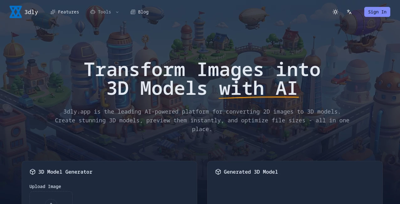 Screenshot of 3dly – An AI tool in the ,Photo & Image Editor ,AI Design Generator ,AI 3D Model Generator ,AI Image to 3D Model  category, showcasing its interface and key features.
