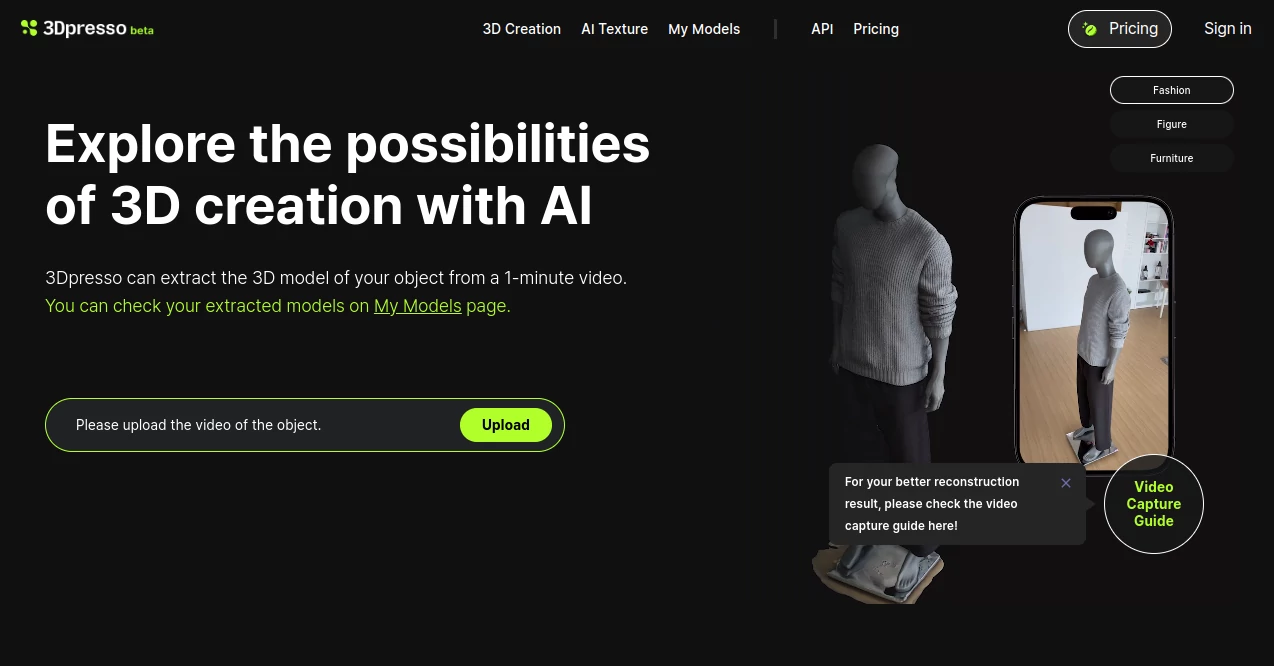 Screenshot of 3dpresso AI – An AI tool in the ,AI Design Generator ,AI 3D Model Generator ,AI Text to 3D ,AI Image to 3D Model  category, showcasing its interface and key features.