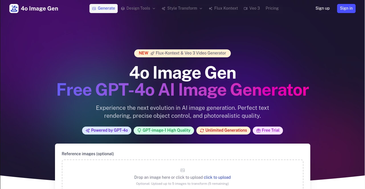 Screenshot of 4o Image Gen – An AI tool in the ,AI Photo & Image Generator  category, showcasing its interface and key features.