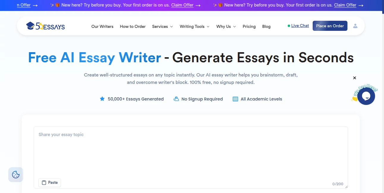 Screenshot of 5StarEssays.com AI Essay Writer – An AI tool in the ,AI Essay Writer ,AI General Writing ,AI Writing Assistants ,AI Content Generator  category, showcasing its interface and key features.
