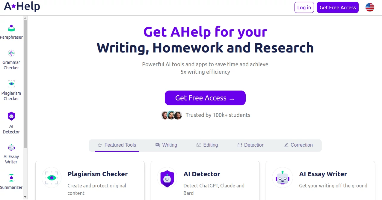 Screenshot of AHelp – An AI tool in the ,AI Homework Helper ,AI Essay Writer ,AI Education Assistant ,AI Paraphraser ,AI Summarizer ,AI Writing Assistants ,AI Detector ,AI Checker Essay ,AI Plagiarism Checker ,AI Grammar Checker  category, showcasing its interface and key features.