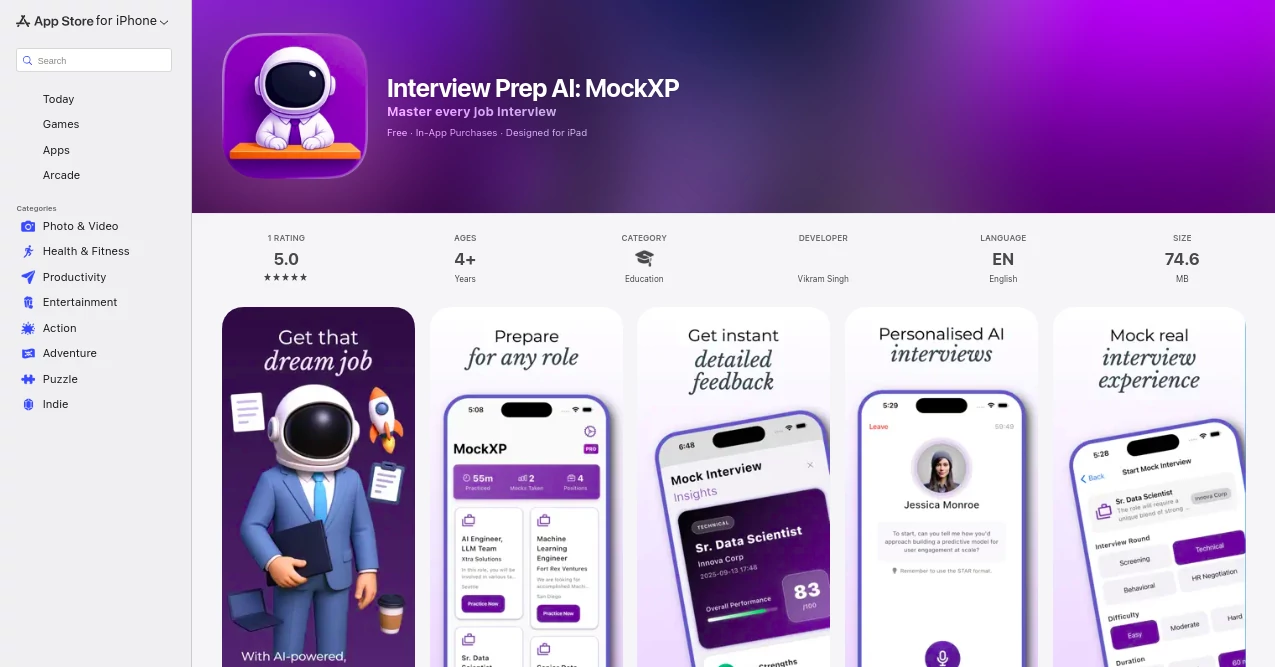 Screenshot of Interview Prep AI: MockXP – An AI tool in the ,AI Life Assistant ,AI Interview Assistant ,AI Recruiting ,AI Coaching  category, showcasing its interface and key features.