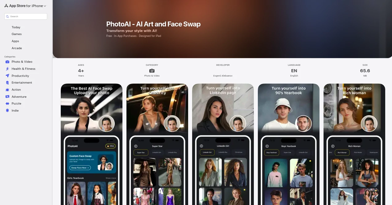 Screenshot of PhotoAI – An AI tool in the ,Photo & Image Editor ,AI Face Swap Generator ,AI Art Generator  category, showcasing its interface and key features.