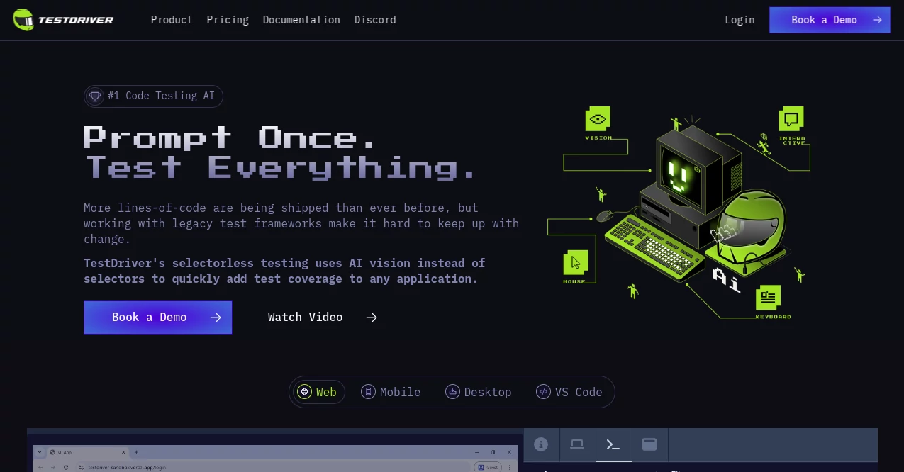 Screenshot of TestDriver.ai – An AI tool in the ,AI Code Assistant ,AI Testing & QA ,AI Developer Tools ,Other  category, showcasing its interface and key features.