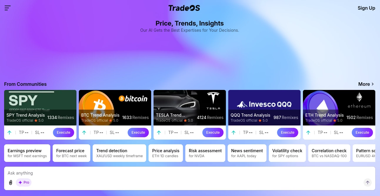Screenshot of TradeOSAI – An AI tool in the ,AI Research Tool ,AI Trading Bot Assistant ,AI Investing Assistant ,AI Analytics Assistant  category, showcasing its interface and key features.