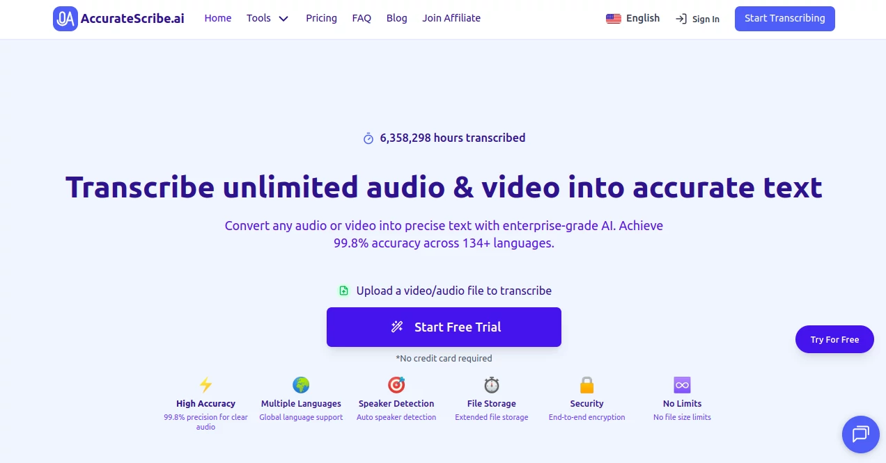 Screenshot of AccurateScribe.ai – An AI tool in the ,AI Captions or Subtitle ,AI Transcription ,AI Transcriber ,AI Speech to Text  category, showcasing its interface and key features.