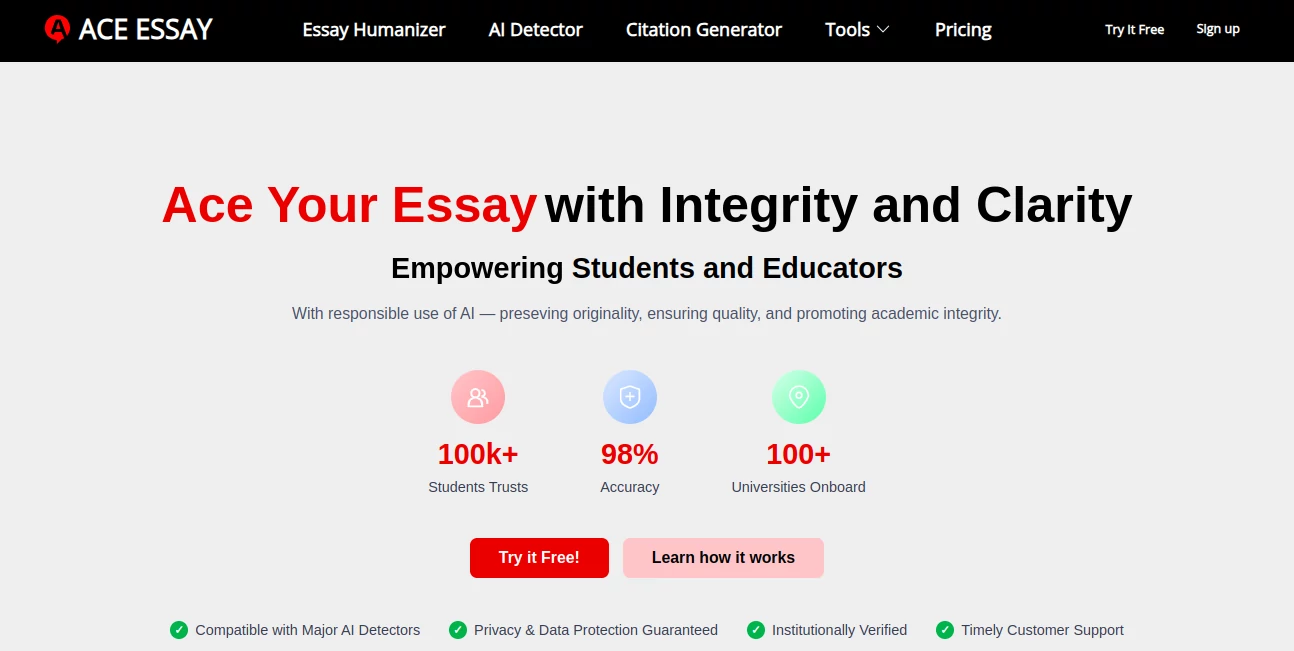 Screenshot of ACE ESSAY – An AI tool in the ,AI Essay Writer ,AI Summarizer ,AI Plagiarism Checker ,AI Grammar Checker  category, showcasing its interface and key features.