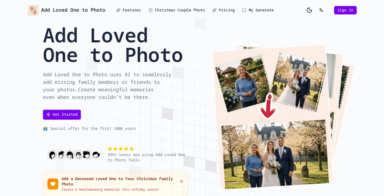 Screenshot of Add Loved One to Photo – An AI tool in the ,Photo & Image Editor ,AI Photo Enhancer ,AI Image to Image ,AI Face Swap Generator  category, showcasing its interface and key features.