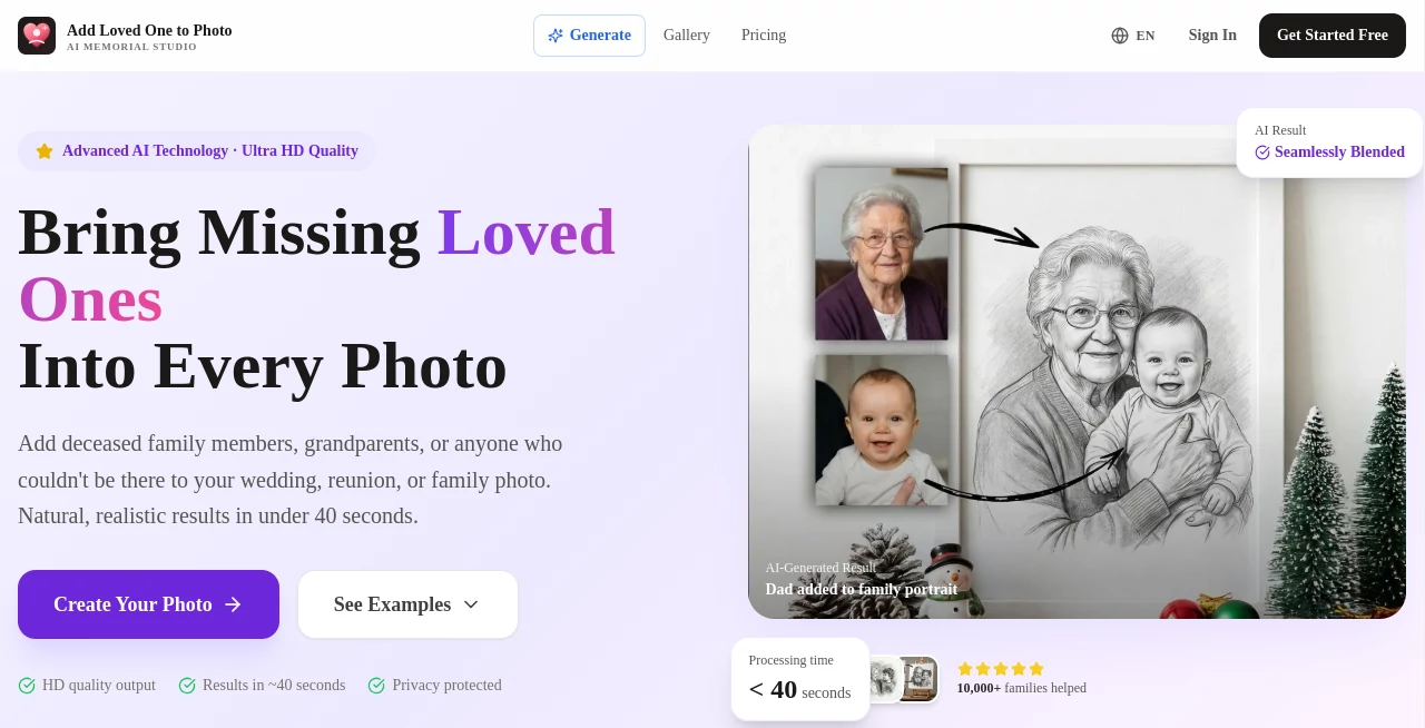 Screenshot of Add Loved One to Photo – An AI tool in the ,AI Photo & Image Generator ,AI Selfie & Portrait ,AI Photo Enhancer ,AI Photo Restoration  category, showcasing its interface and key features.