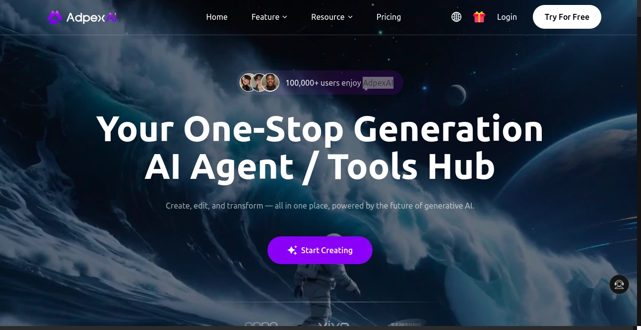 Screenshot of AdpexAI – An AI tool in the ,AI Photo & Image Generator ,AI Face Swap Generator ,AI Video Editor ,AI Code Generator  category, showcasing its interface and key features.