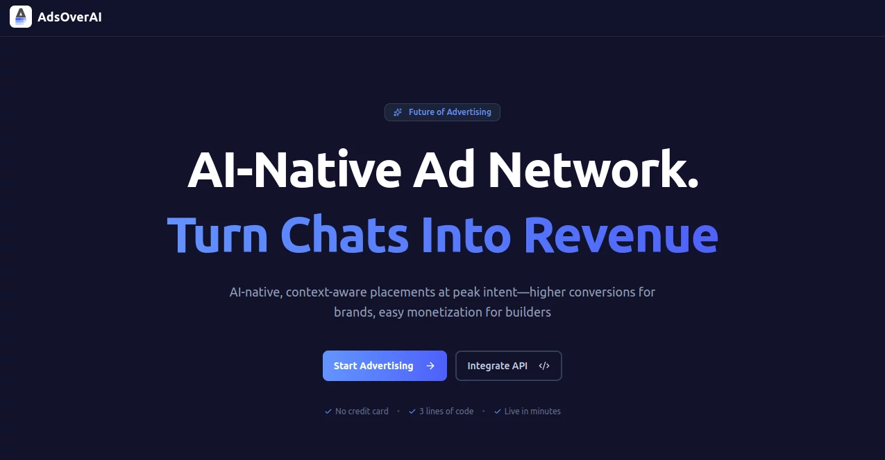 Screenshot of AdsOverAi – An AI tool in the ,AI Ad Creative Assistant ,AI Ad Generator ,AI Digital Marketing Generator ,AI Advertising Assistant  category, showcasing its interface and key features.