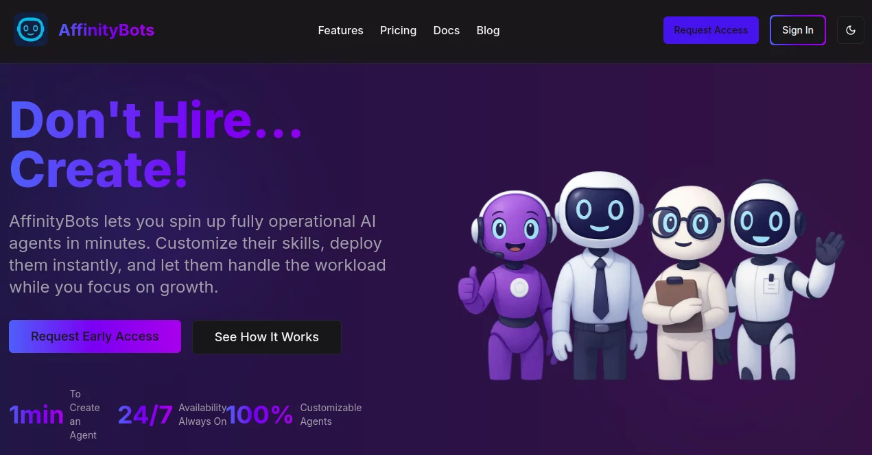 Screenshot of AffinityBots – An AI tool in the ,AI Customer Service Assistant ,AI Chatbot ,AI Task Management ,AI Workflow Management  category, showcasing its interface and key features.