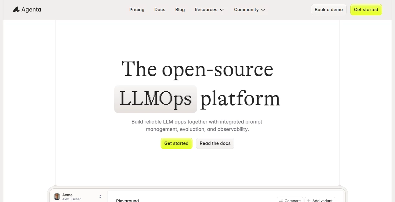 Screenshot of Agenta – An AI tool in the ,AI Code Assistant ,AI Testing & QA ,AI Developer Tools ,AI Workflow Management  category, showcasing its interface and key features.