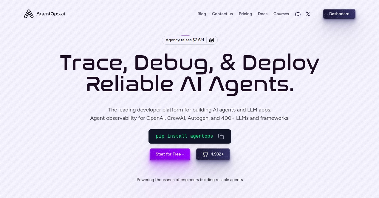 Screenshot of Agentops.ai – An AI tool in the ,AI Monitor & Report Builder ,AI Testing & QA ,AI Developer Tools ,AI Analytics Assistant  category, showcasing its interface and key features.