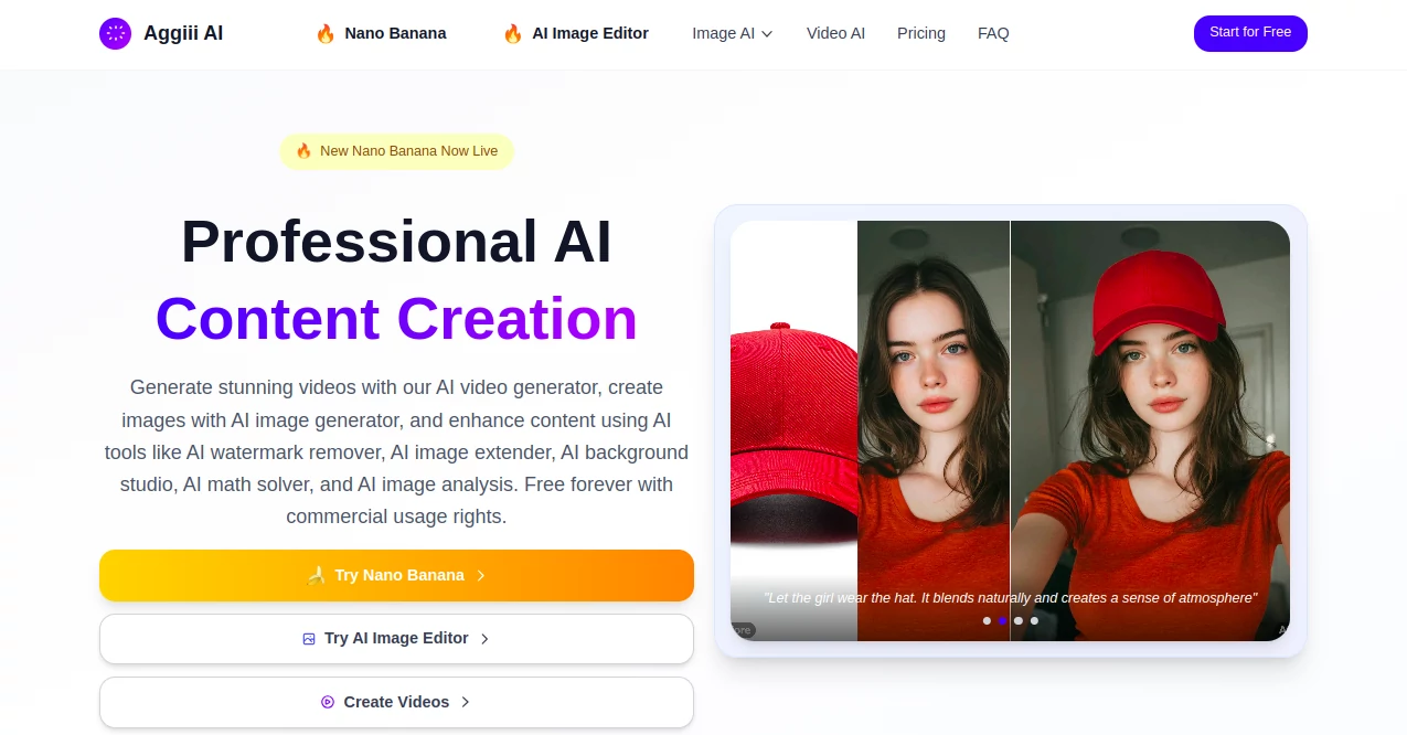 Screenshot of Aggiii AI – An AI tool in the ,AI Content Generator ,AI Text to Image ,AI Photo & Image Generator ,AI Video Generator  category, showcasing its interface and key features.