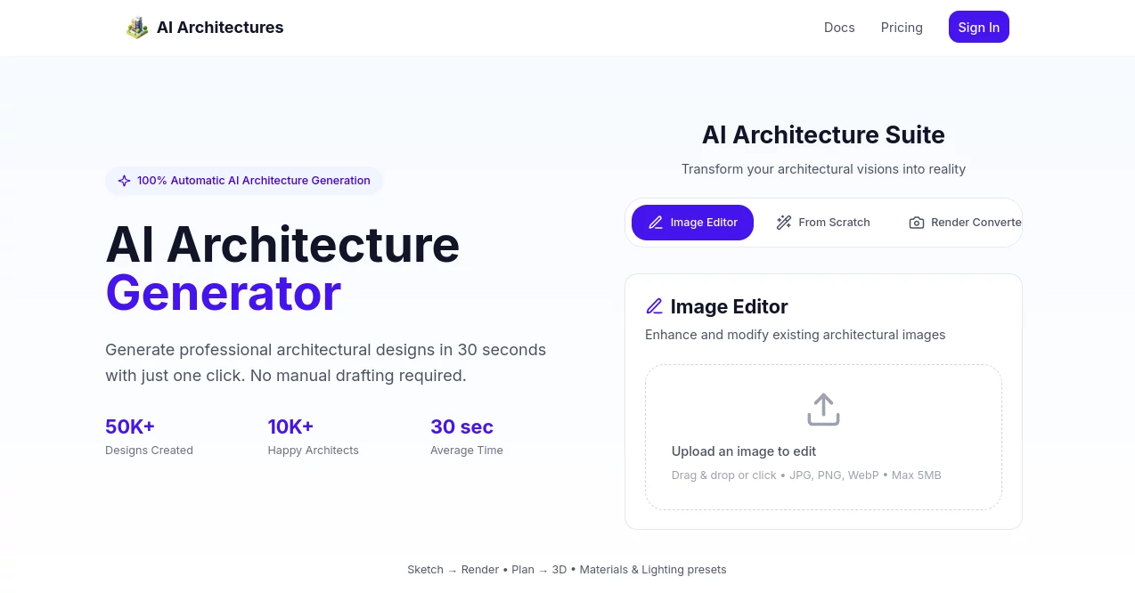 Screenshot of AI Architectures – An AI tool in the ,AI Image to Image ,AI Design Generator ,AI Interior & Room Design ,AI Diagram Generator  category, showcasing its interface and key features.