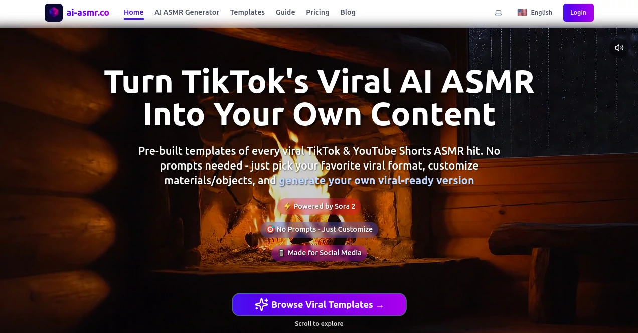 Screenshot of AI ASMR Generator – An AI tool in the ,AI Audio Enhancer ,AI Video Generator ,AI Music Generator ,AI Short Clips Generator  category, showcasing its interface and key features.