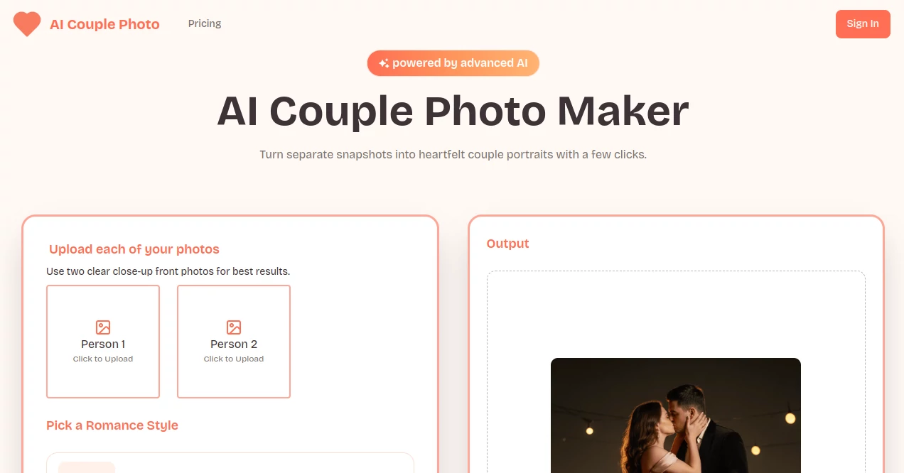 Screenshot of AI Couple Photo – An AI tool in the ,AI Photo & Image Generator ,AI Avatar Generator ,Photo & Image Editor ,AI Selfie & Portrait  category, showcasing its interface and key features.
