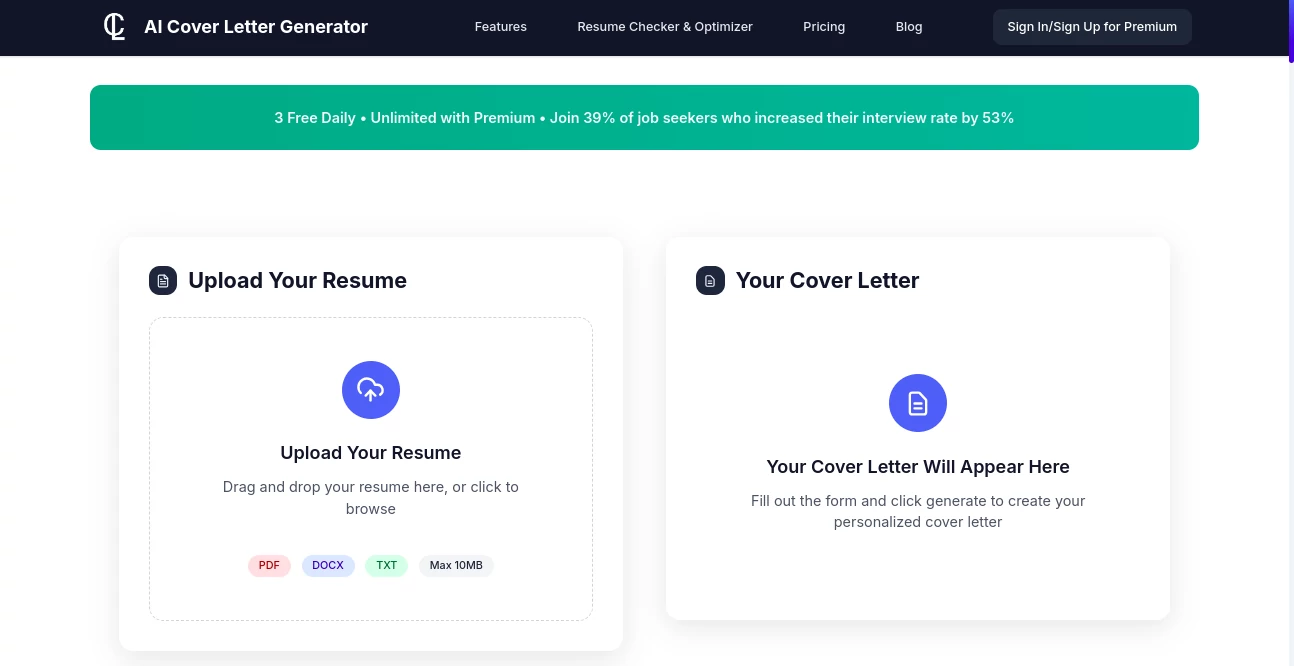 Screenshot of AI Cover Letter Generator – An AI tool in the ,AI Interview Assistant ,AI Recruiting ,AI Resume Builder ,AI Cover Letter Generator  category, showcasing its interface and key features.