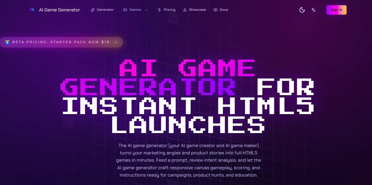 Screenshot of AI Game Generator – An AI tool in the ,AI No-Code & Low-Code ,AI Developer Tools ,AI App Builder ,AI Game  category, showcasing its interface and key features.