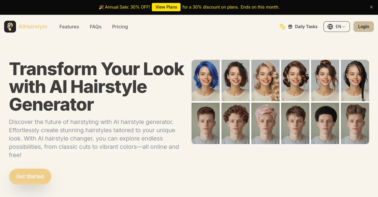 Screenshot of AI Hairstyle – An AI tool in the ,AI Photo & Image Generator ,AI Photo Enhancer ,Photo & Image Editor ,AI Selfie & Portrait  category, showcasing its interface and key features.