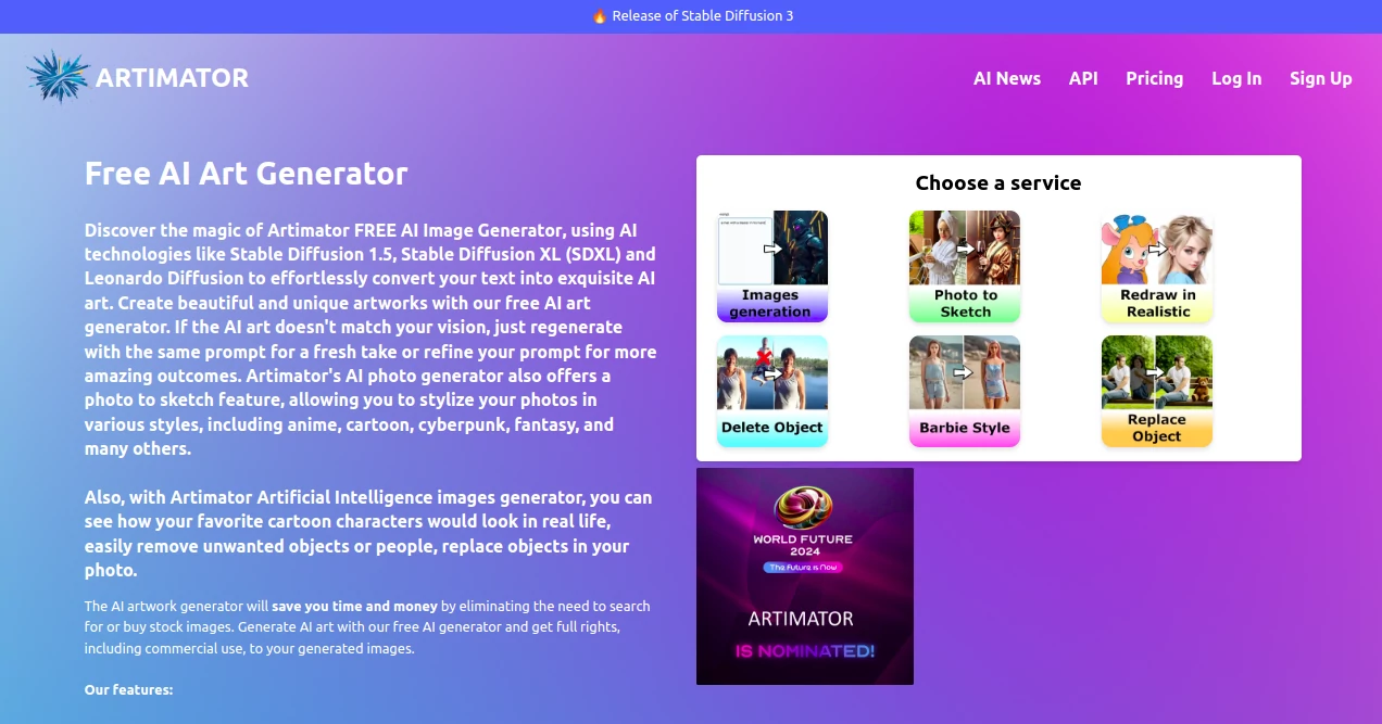 Screenshot of ARTIMATOR – An AI tool in the ,AI Text to Image ,AI Photo & Image Generator ,AI Illustration Generator ,AI Art Generator  category, showcasing its interface and key features.