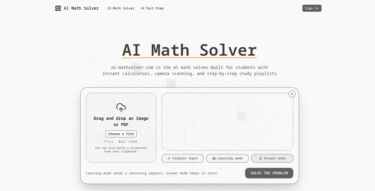 Screenshot of AI Math Solver – An AI tool in the ,AI Homework Helper ,AI Tutorial ,AI Course ,AI Education Assistant  category, showcasing its interface and key features.