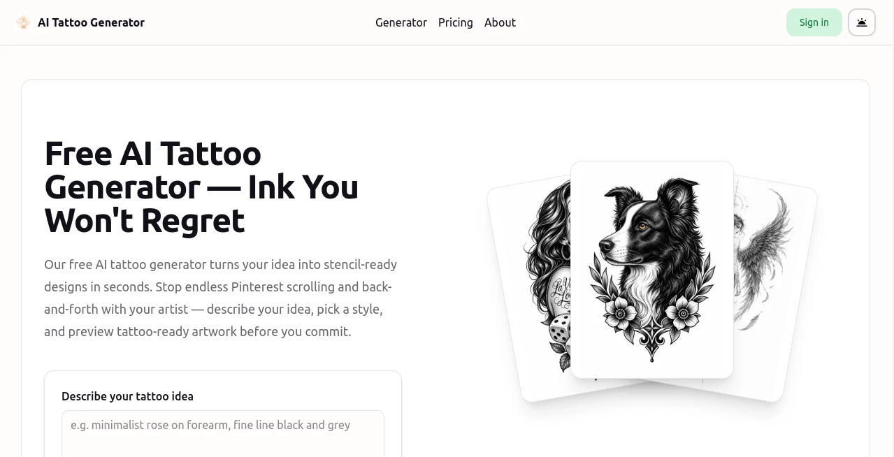 Screenshot of AI Tattoo Generator – An AI tool in the ,AI Photo & Image Generator ,AI Tattoo Generator ,AI Art Generator ,AI Design Generator  category, showcasing its interface and key features.