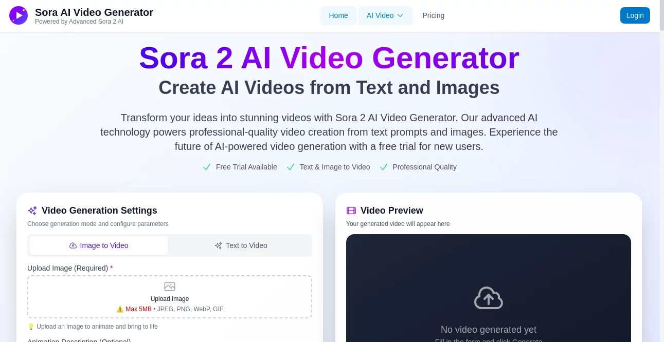 Screenshot of Sora AI Video Generator – An AI tool in the ,AI Animated Video ,AI Video Generator ,AI Text to Video  category, showcasing its interface and key features.