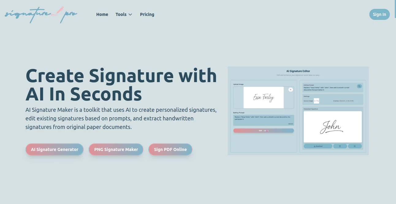 Screenshot of AI Signature Generator – An AI tool in the ,Photo & Image Editor ,AI Image to Image ,AI Design Generator  category, showcasing its interface and key features.