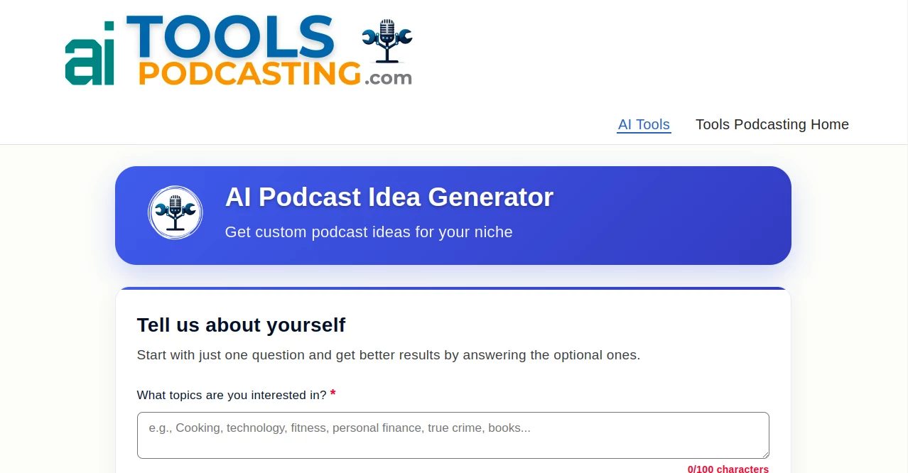 Screenshot of AI Podcast Idea Generator – An AI tool in the ,AI Creative Writing ,AI Content Generator ,AI Research Tool ,AI Podcast Assistant  category, showcasing its interface and key features.