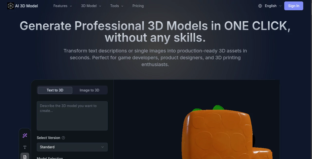 Screenshot of AI 3D Model – An AI tool in the ,AI Design Generator ,AI 3D Model Generator ,AI Text to 3D ,AI Image to 3D Model  category, showcasing its interface and key features.