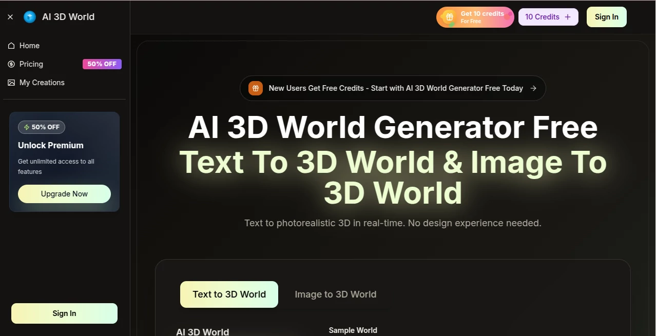Screenshot of AI 3D World – An AI tool in the ,AI 3D Model Generator ,AI Image to 3D Model ,AI Design Generator ,AI Maps Generator  category, showcasing its interface and key features.