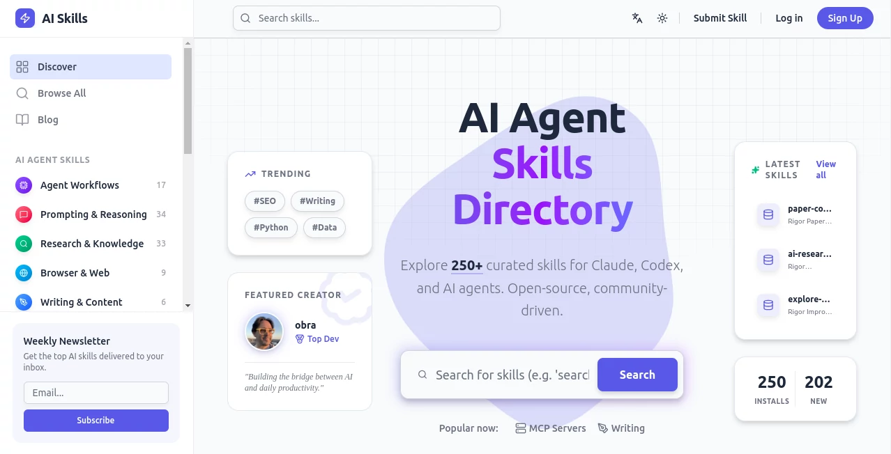 Screenshot of AI Agent Skills – An AI tool in the ,AI API Design ,AI Developer Tools ,AI Productivity Tools ,AI Workflow Management  category, showcasing its interface and key features.