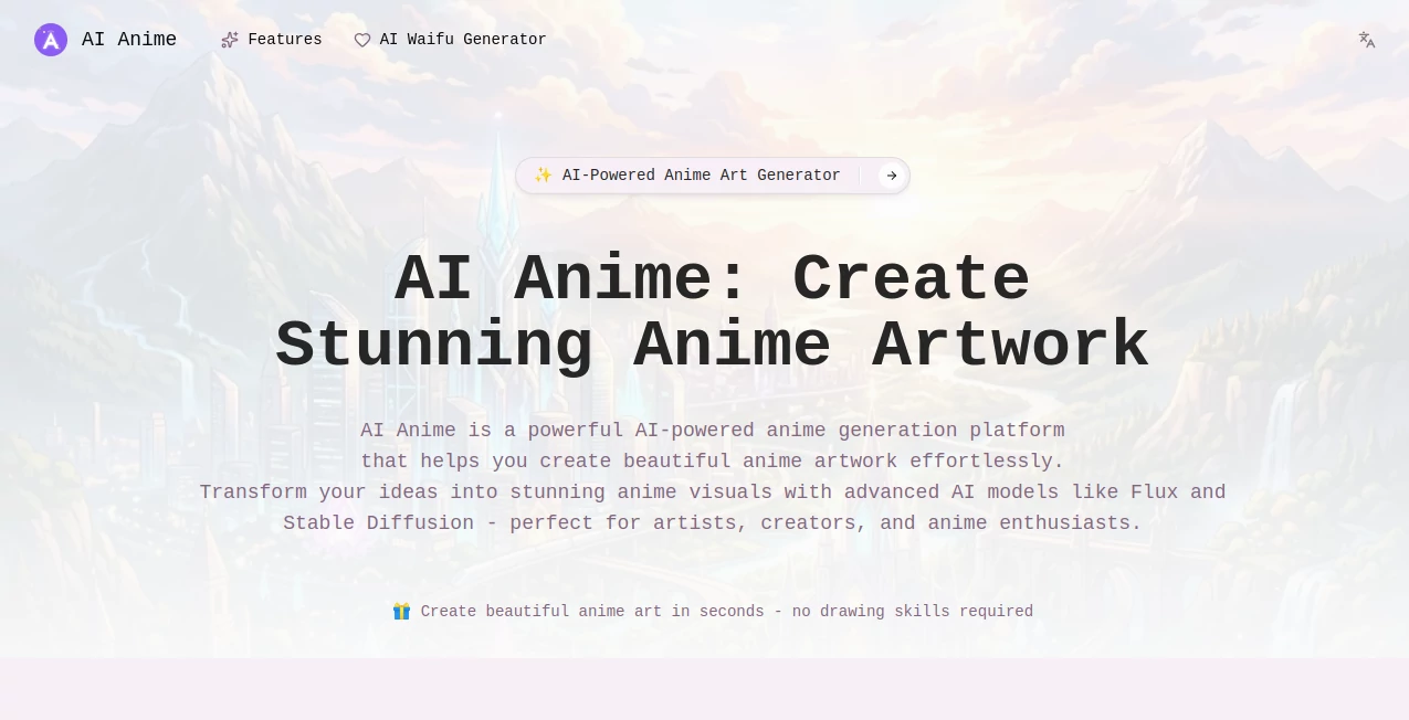 Screenshot of AI Anime – An AI tool in the ,AI Anime Art ,AI Art Generator ,AI Design Generator ,AI Image to Image  category, showcasing its interface and key features.