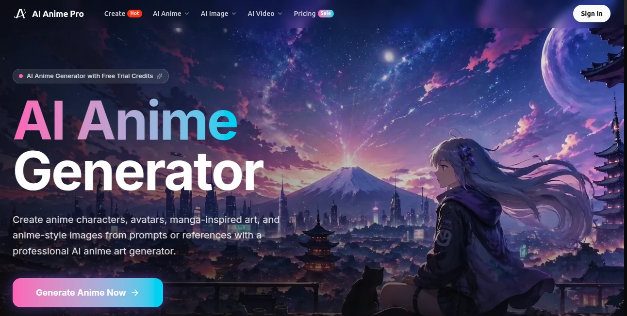 Screenshot of AI Anime Pro – An AI tool in the ,AI Photo & Image Generator ,AI Avatar Generator ,AI Anime & Cartoon Generator  category, showcasing its interface and key features.
