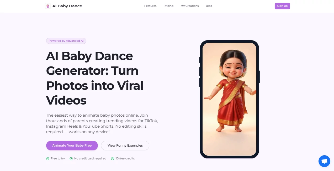 Screenshot of AI Baby Dance – An AI tool in the ,AI Animated Video ,AI Image to Video ,AI Video Generator ,AI Fun Tools  category, showcasing its interface and key features.