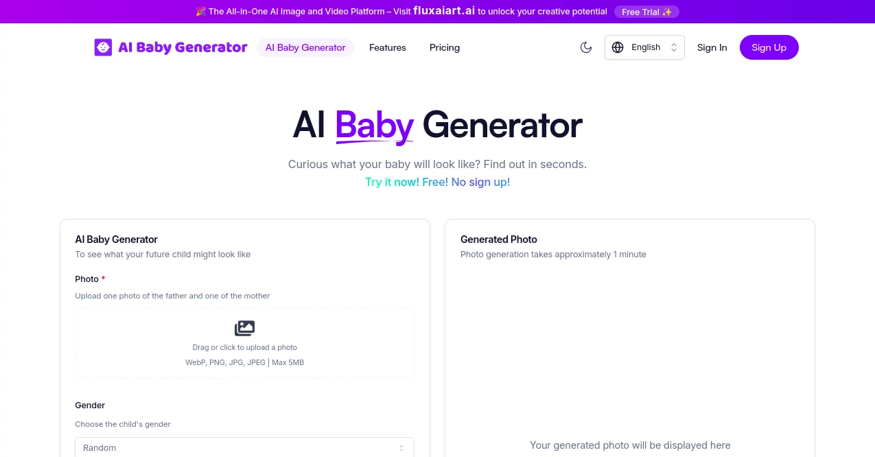 Screenshot of AI Baby Generator – An AI tool in the ,AI Photo & Image Generator  category, showcasing its interface and key features.