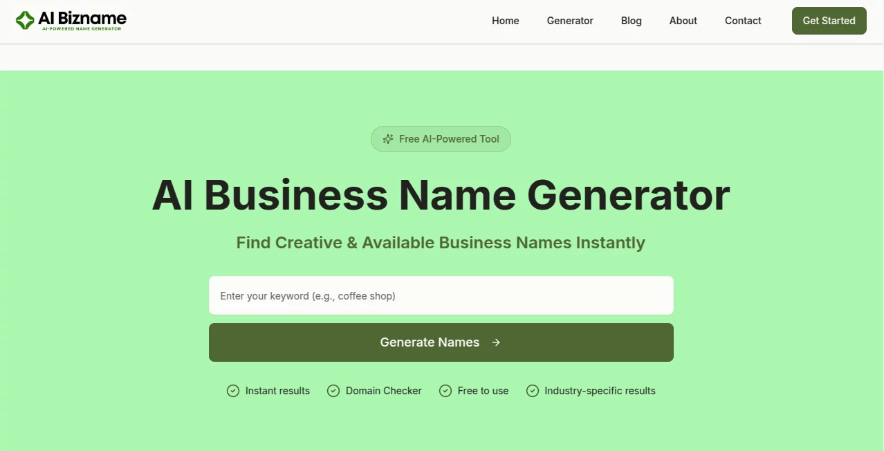 Screenshot of AI Business Name Generator – An AI tool in the ,AI Content Generator ,AI Business Ideas Generator  category, showcasing its interface and key features.
