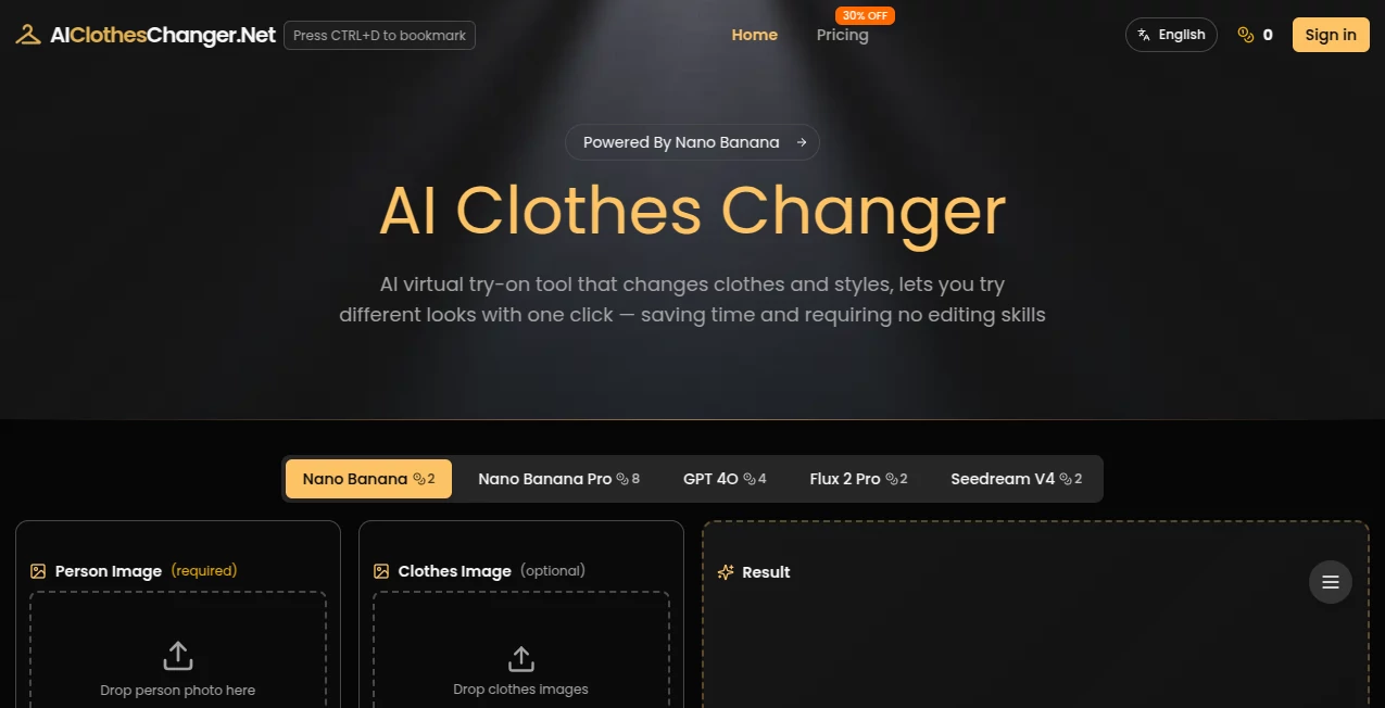 Screenshot of AI Clothes Changer – An AI tool in the ,Photo & Image Editor ,AI Image to Image ,AI Clothing Generator ,AI Design Generator  category, showcasing its interface and key features.