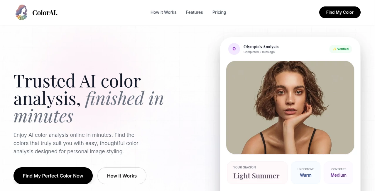 Screenshot of AI Color Analysis – An AI tool in the ,AI Photo Enhancer ,AI Selfie & Portrait ,AI Image Recognition ,AI Design Assistant  category, showcasing its interface and key features.