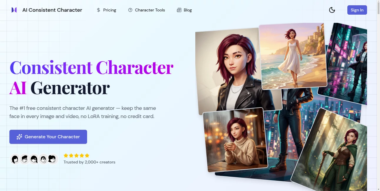Screenshot of AI Consistent Character – An AI tool in the ,AI Character ,AI Art Generator ,AI Design Generator ,AI Image to Image  category, showcasing its interface and key features.