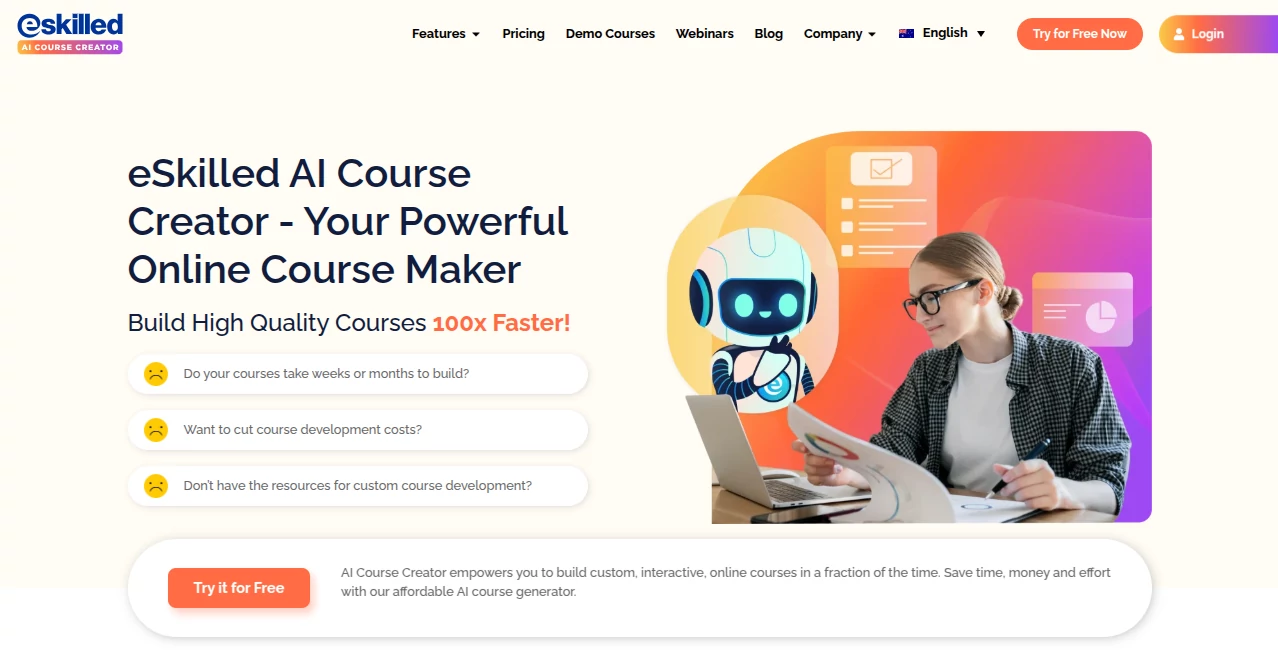 Screenshot of eSkilled AI Course Creator – An AI tool in the ,AI Writing Assistants ,AI Content Generator ,AI Course ,AI Education Assistant  category, showcasing its interface and key features.