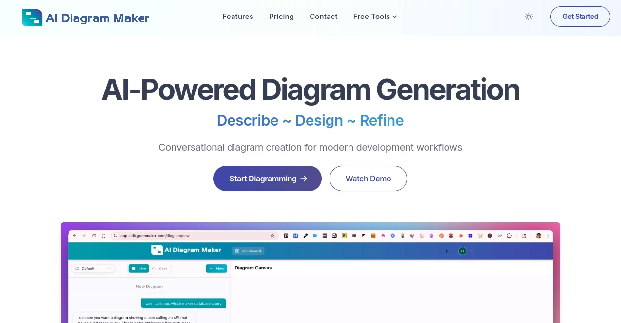 Screenshot of AI Diagram Maker – An AI tool in the ,AI Diagram Generator ,AI Charting ,AI Code Explanation  category, showcasing its interface and key features.
