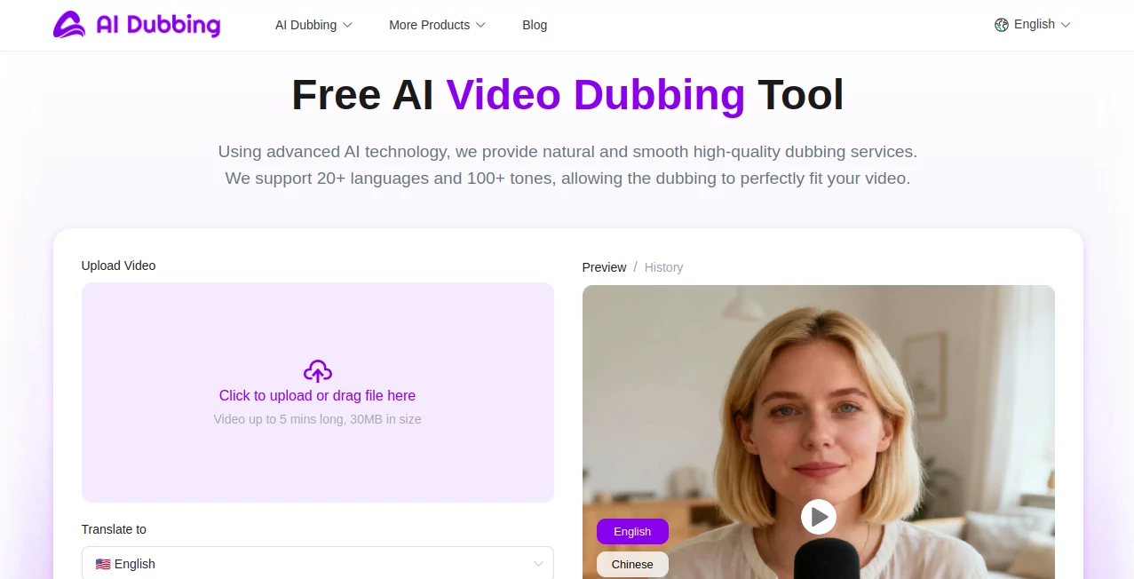 Screenshot of AI Dubbing – An AI tool in the ,AI Video Editor ,AI Text to Speech ,AI Voice Cloning ,AI Speech Synthesis  category, showcasing its interface and key features.