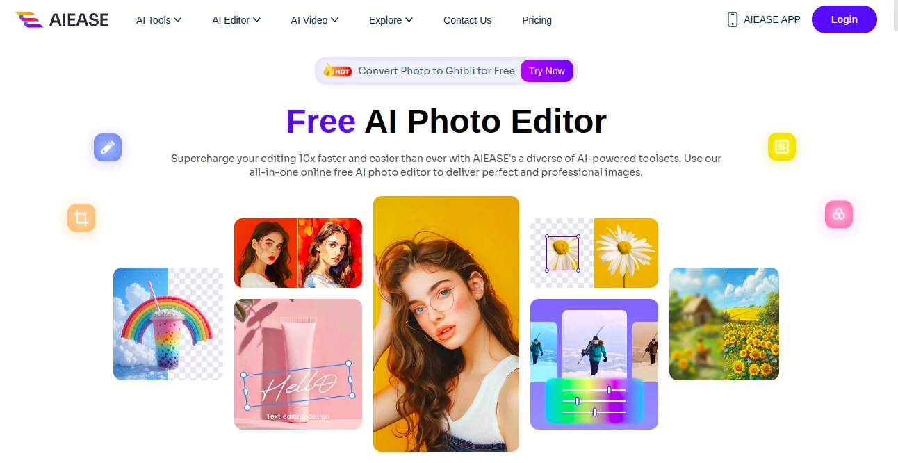 Screenshot of AI Ease AI Photo Editor – An AI tool in the ,AI Avatar Generator ,AI Background Generator ,Photo & Image Editor ,AI Photo Enhancer ,AI Photo Restoration ,AI Background Remover ,AI Face Swap Generator  category, showcasing its interface and key features.