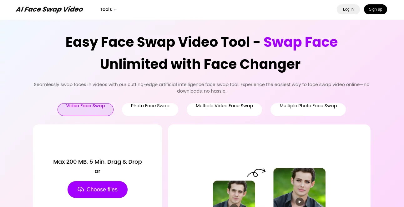 Screenshot of AI Face Swap Video – An AI tool in the ,AI Face Swap Generator ,AI Image to Video ,AI Video Editor ,AI Video Generator  category, showcasing its interface and key features.